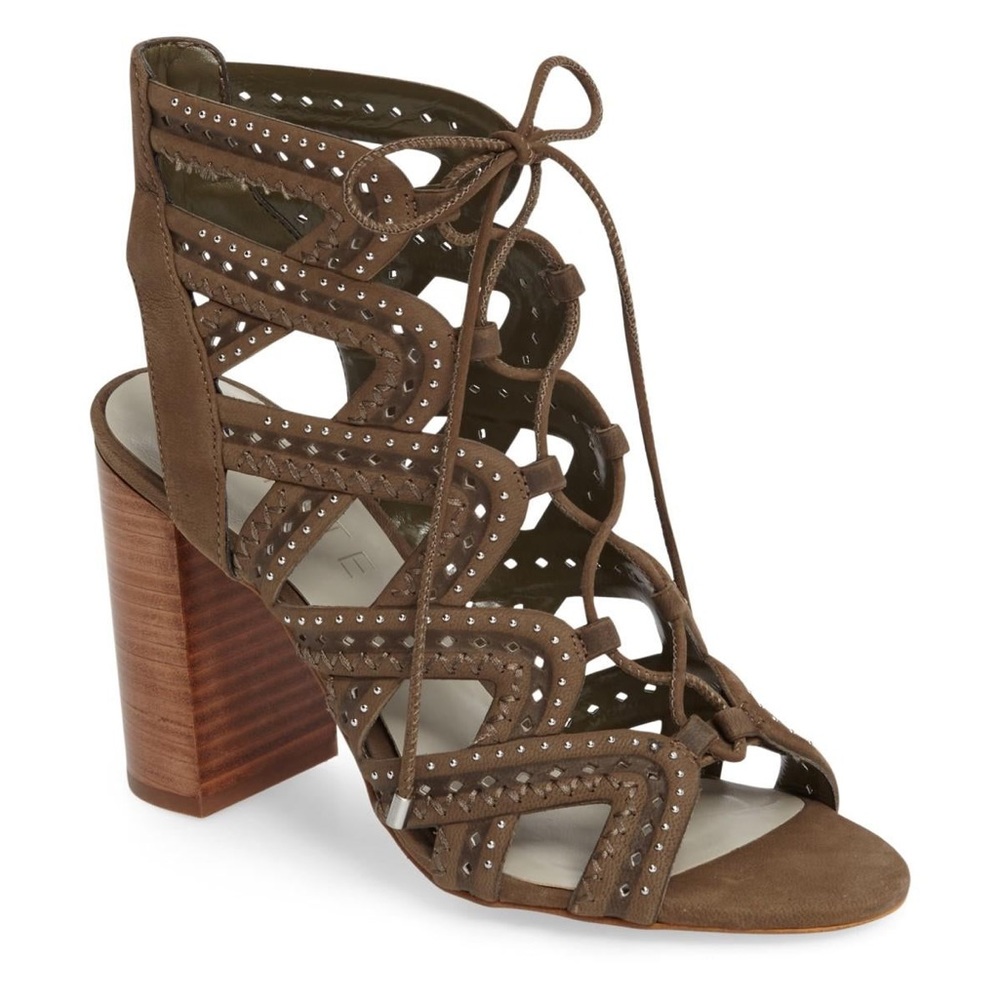 1.State Kayley Olive Green Caged Embellished Lace Up Block Heels